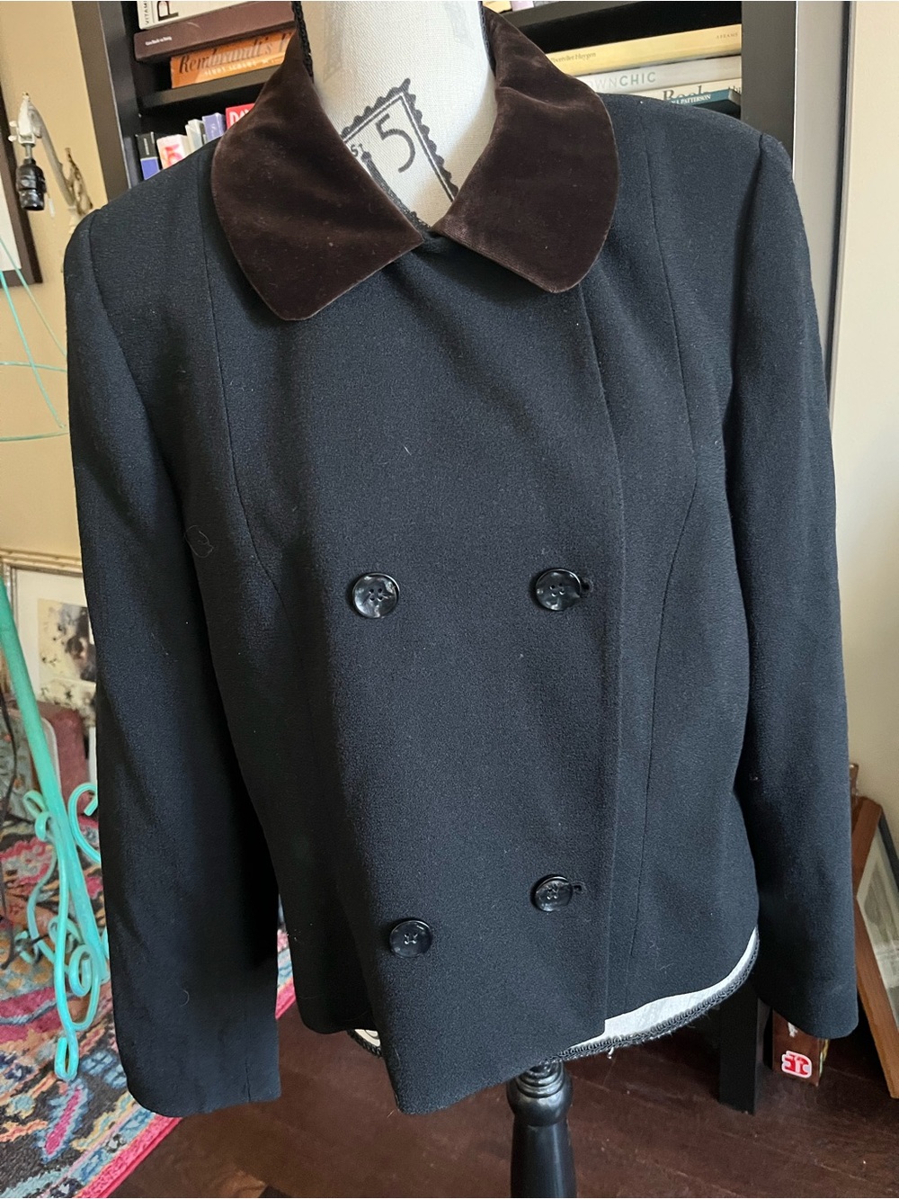 Classic Double-Breasted Black Wool Jacket with Brown Velvet Collar
